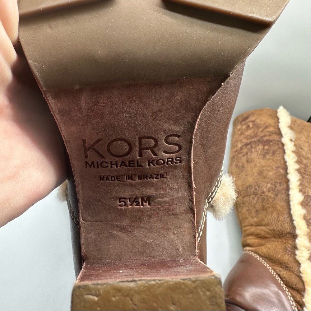 MICHAEL KORS Brown Leather Suede Sherpa Lined Tall Fold Over Heeled Boots Sz 5.5 - Picture 8 of 9